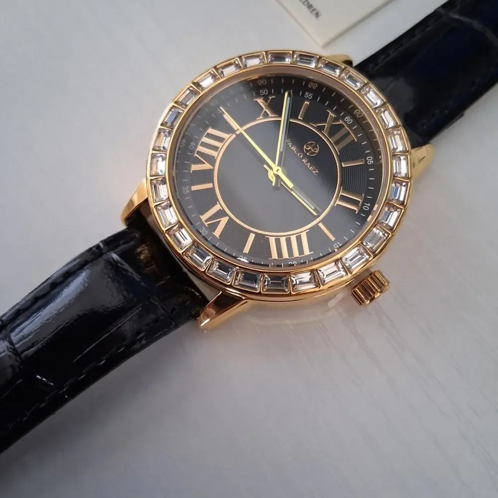 Pablo Raez 34mm Crystal & Leather Luxury Gold Filled Watch